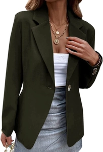 Detail of a dark olive green women's blazer with a classic notched lapel and single-button closure