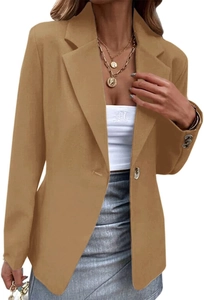 Detailed close-up of women casual camel blazer with notched lapel and single button closure