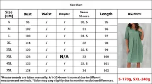 Detailed size chart for BX23009 cotton linen pleated casual dress from S to 5XL