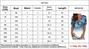 Detailed size guide table for women floral print V-neck short sleeve summer t-shirt