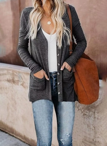 Close-up of deep gray ribbed knit cardigan with button front and large front pockets