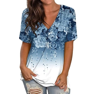 Women's V-neck short sleeve T-shirt with blue floral print and gradient design