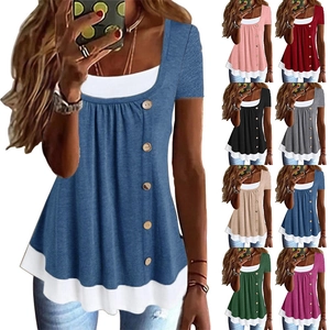 Women Casual Faux Two-Piece Short Sleeve T-Shirt Round Neck Ruched Front With Decorative Buttons Summer Loose Fitting Top