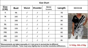 Size chart table for women geometric print V-neck T-shirt with measurements from S to 5XL
