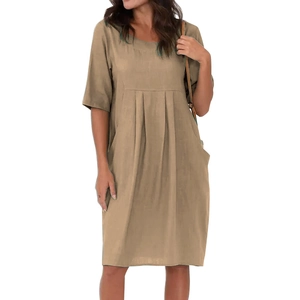 Khaki cotton linen loose dress with round neck and pleated pocket details for summer