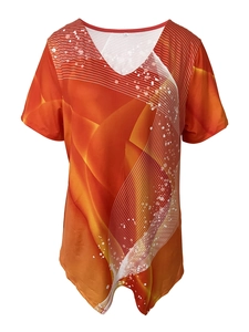 Detail of V-neckline and orange abstract geometric print on plus size women t-shirt