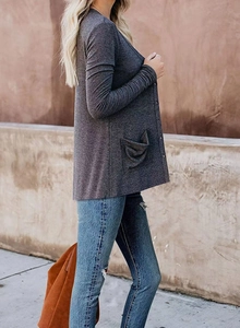 Detailed side view of a grey knitted cardigan with pockets and ribbed texture design