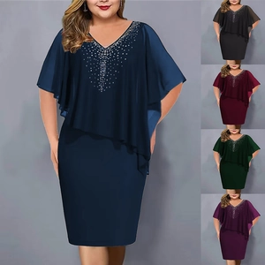 Women Plus Size Chiffon Cape Bodycon Dress Elegant V Neck Rhinestone Overlay Evening Party Pencil Dress For Women