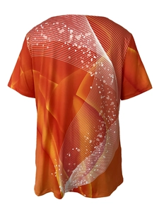 Macro detail of geometric abstract print on orange gradient short sleeve t-shirt