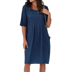 Navy blue cotton linen summer dress with round neck, loose fit, and functional pockets