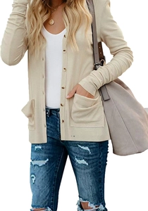 Close-up of beige ribbed knit cardigan with button closure and symmetrical side pockets