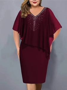 Elegant wine red chiffon dress featuring a diamond-studded V-neckline and stylish shawl design