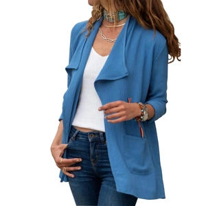 Cardigan long bleu texturé en coton et lin pour femme avec col à revers et grandes poches