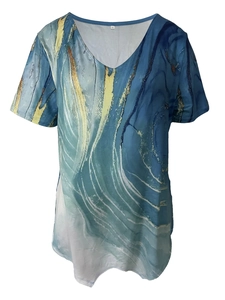 Detailed close-up of V-neckline with 1XL size label on blue marble print T-shirt