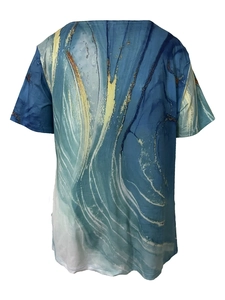 Detail view of back side marble print on casual crew neck short sleeve summer T-shirt