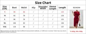 Detailed size chart for red off-shoulder velvet evening dress from size S to XXL