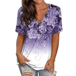 Women's V-neck T-shirt featuring purple rose floral print and white gradient design