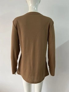 Detailed back view of dark brown ribbed knit cardigan with curved hemline and long sleeves