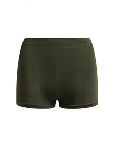 Detail of army green stretchy high-waist fitness shorts with fine stitching and slim fit design