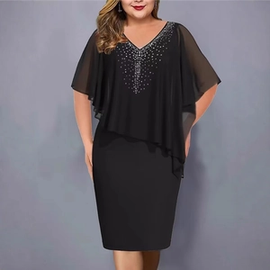 Elegant black plus size evening gown with rhinestone V-neck and chiffon capelet