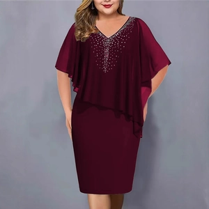 Elegant wine red plus size dress with rhinestone V-neck and chiffon capelet overlay