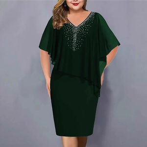 Elegant dark green V-neck chiffon shawl dress with rhinestones for banquet and evening events
