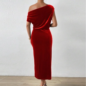 Elegant one-shoulder red velvet midi dress for women featuring a slim fit back view
