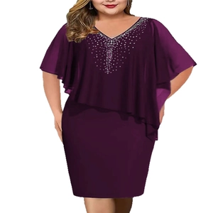 Elegant deep purple chiffon cape dress with rhinestone V-neck for formal evening events