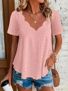 Damen Muschel V Ausschnitt Ösenstickerei T Shirt Lässig Sommer Kurzarm Einfarbig Böhmisch Schick Elegant Täglich Top