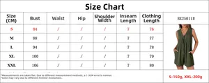 Detailed size chart for the summer sleeveless button rompers with pockets in olive green