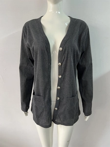 Close-up of dark grey ribbed knit cardigan with detailed texture and classic round buttons