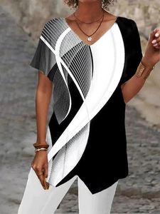 Detail view of abstract geometric prints on V-neck summer T-shirt for women