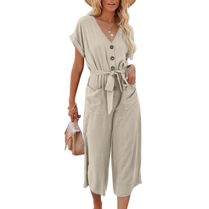 Combinaison femme col en V, style lin, taille nouée et coupe jambe large chic