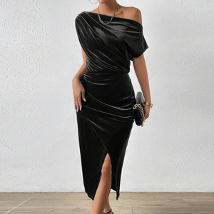 Detail of elegant black velvet off-shoulder evening dress with front slit and draped waist