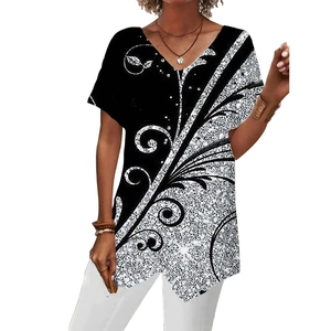 Women's V-neck loose t-shirt with black and white geometric scroll pattern print