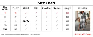 Detailed size chart for the tie-dye V-neck long sleeve slit dress from S to XXL