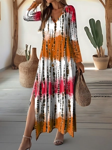 Women Tie-Dye V-Neck Long Sleeve Maxi Dress High Slit Elegant Bohemian Vacation Autumn Winter Polyester Long Dress