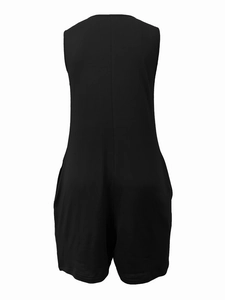 Rear view of a black sleeveless romper with button details and smooth knitted fabric