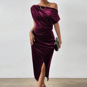 Elegant off-shoulder burgundy velvet midi dress with high side slit for formal occasions