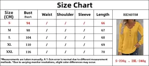 Detailed size chart for women's V-neck long sleeve top with scalloped collar and buttons