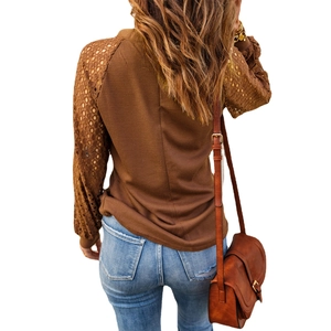 Women's brown waffle knit long sleeve top with lace patchwork and retro style