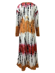 Detail view of colorful tie-dye patterns on a V-neck long sleeve maxi dress for women