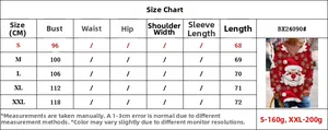 Size chart for Christmas Santa print V-neck long sleeve top showing bust and length measures