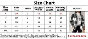 Size chart for plaid fleece hooded jacket showing bust, shoulder, and length measurements