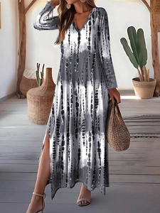 Women's V-neck long sleeve maxi dress featuring grey tie-dye print and side slit design
