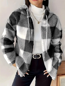 Women's black and white checkered fleece zip-up hoodie jacket with drawstring