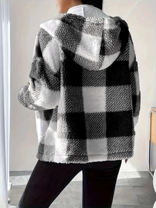 Women's black and white plaid fuzzy zip-up hoodie with a relaxed fit for autumn