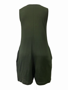 Back view of a dark green sleeveless romper with a clean H-line cut and vertical seam detail