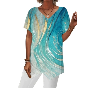 Women's V-neck T-shirt with blue and gold abstract geometric marble print in loose fit