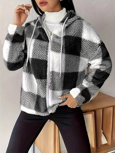 Women's plaid fleece zip-up hoodie with black and white checkered pattern for winter